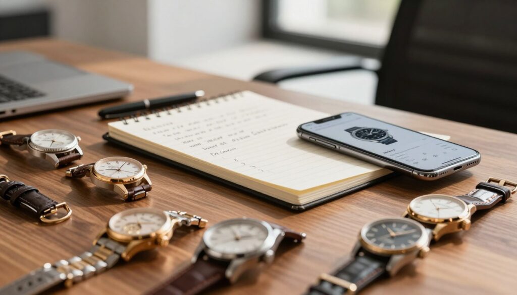 A close-up of a beautifully arranged display of luxury watches on an elegant wooden table. In the foreground, various high-end timepieces, featuring gold, silver, and leather bands, showcase their intricate designs and craftsmanship under soft, warm lighting. In the middle ground, a stylish notebook with handwritten notes about budget considerations and price expectations lays next to a sleek smartphone displaying a watch comparison app. The background features a softly blurred modern office setting with natural light streaming through a window, casting gentle shadows. The mood is sophisticated and professional, evoking a sense of meticulous planning and high standards in watch selection.
