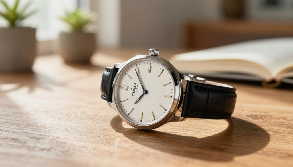 A close-up of a classic Timex wristwatch displayed elegantly on a wooden table, highlighting its polished silver case and textured black leather strap. The watch face shows luminous hands and a simple, clean design with a vintage flair, exuding a sense of timeless craftsmanship. In the background, softly blurred, there are hints of a cozy, well-lit room with warm tones, a few potted plants, and an open book to evoke a relaxed atmosphere. The scene is bathed in soft, natural sunlight streaming through a nearby window, creating gentle highlights and shadows. Capture this image from an overhead angle to emphasize the watch's intricate details, aiming for a mood that combines sophistication and approachability, perfect for beginners exploring quality American timepieces.