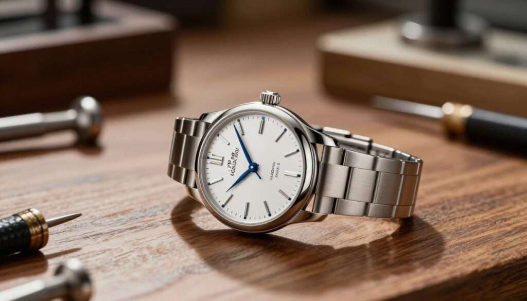 A luxurious Swiss watch displayed prominently on a polished wooden surface. The watch features intricate detailing, with a silver stainless steel case, a classic white dial, and elegant blue hands. Soft, natural lighting illuminates the scene, casting delicate shadows that highlight the watch’s craftsmanship. In the background, blurred outlines of high-end Swiss watchmaking tools and components suggest a professional workshop, creating an atmosphere of quality and precision. The composition hints at refinement and sophistication, emphasizing the brand's commitment to excellence. Capture this in a professional and artistic angle, focusing on the watch while ensuring the background adds context without distracting from the main subject. A luxurious Swiss watch displayed prominently on a polished wooden surface. The watch features intricate detailing, with a silver stainless steel case, a classic white dial, and elegant blue hands. Soft, natural lighting illuminates the scene, casting delicate shadows that highlight the watch’s craftsmanship. In the background, blurred outlines of high-end Swiss watchmaking tools and components suggest a professional workshop, creating an atmosphere of quality and precision. The composition hints at refinement and sophistication, emphasizing the brand's commitment to excellence. Capture this in a professional and artistic angle, focusing on the watch while ensuring the background adds context without distracting from the main subject.