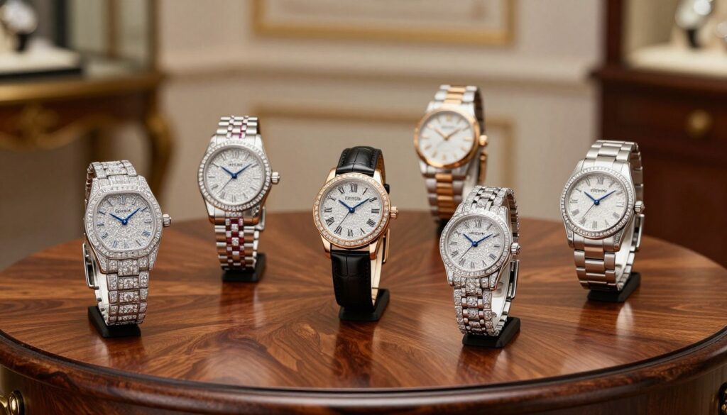 A luxurious scene featuring an exquisite collection of high-end jewelry watches displayed elegantly on a polished mahogany table. In the foreground, a sparkling diamond-encrusted watch glimmers under soft, diffused lighting, showcasing its intricate details and craftsmanship. In the middle, several other luxury watches adorned with gemstones and classic designs are arranged artistically, creating an inviting atmosphere for connoisseurs. The background reveals a softly blurred, opulent room, with elegant decor and warm, ambient lighting enhancing the lavish feel of the composition. The overall mood is one of sophistication and indulgence, appealing to those who appreciate both timepieces and fine jewelry. The angle captures the collection from a slight overhead perspective to highlight the luxury of each piece without distractions.