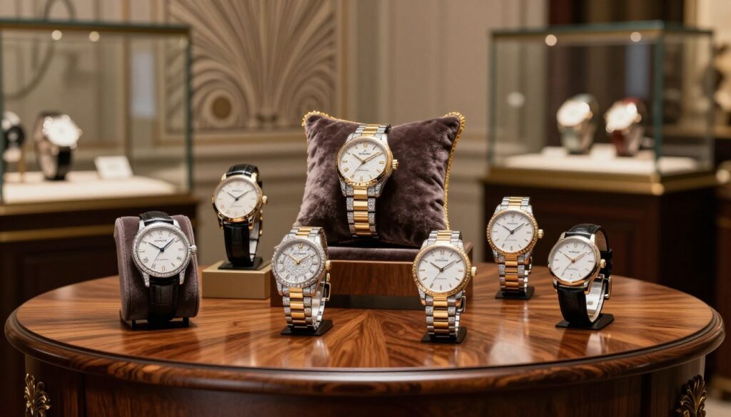 A luxurious watch collection displayed elegantly on a polished mahogany table in a sophisticated, softly lit room. The foreground features a selection of exquisite, high-end timepieces from renowned ultra-luxury brands, with intricate details visible, showcasing their craftsmanship. The middle of the composition includes an ornate velvet cushion lifting some of the watches to display their faces and unique features prominently. In the background, a subtle art deco wall enhances the atmosphere, evoking a sense of exclusivity and refinement. Soft warm lighting creates gentle reflections on the watch faces, highlighting diamonds and gold accents, while a tasteful glass showcase containing more watches adds depth. The mood is opulent, inviting collectors to appreciate the artistry and heritage of these elite brands.