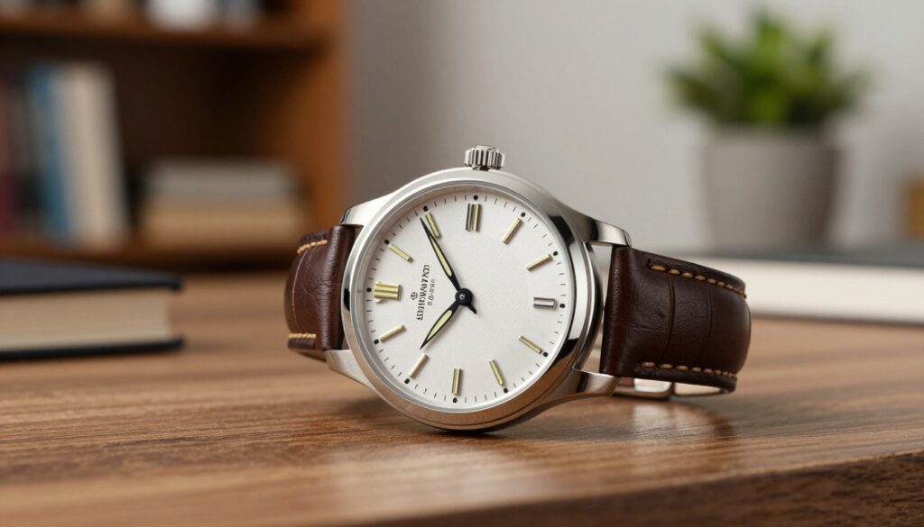 A medium-range watch displayed elegantly on a wooden surface, showcasing its polished stainless steel case and intricate dial features. The watch has a classic design with a mix of modern and vintage elements, featuring a leather strap and luminous hands. In the foreground, the watch occupies center stage, glistening under soft, natural lighting that highlights its details. In the middle ground, a blurred context of a cozy study room with a bookshelf and potted plants creates a warm atmosphere. The background includes soft bokeh effects, adding depth and emphasis to the watch while conveying a sophisticated and inviting mood. The overall composition suggests quality craftsmanship and practicality, appealing to individuals looking to upgrade their style.