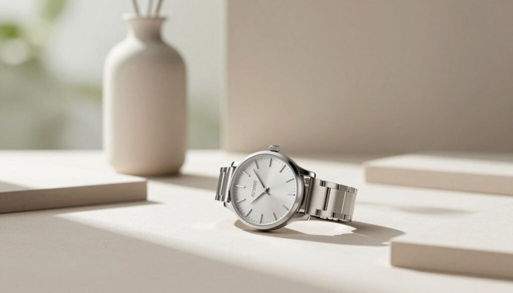 A minimalist scene showcasing a stylish modern watch in a clean and elegant setup. The watch is placed on a smooth, light-colored surface, surrounded by simple geometric shapes, like a sleek cylindrical vase or thin rectangular blocks. In the foreground, soft shadows cast by natural light highlight the watch's design details, such as its understated dial and clean lines. The middle ground features a blurred, serene indoor environment with neutral tones, letting the watch stand out prominently. The background includes hints of greenery through a large window, filtered sunlight creating a calm and inviting atmosphere. The overall mood is sophisticated and contemporary, appealing to young adults who appreciate minimalistic aesthetics. The composition uses a soft focus lens effect to enhance the elegance of the subject.