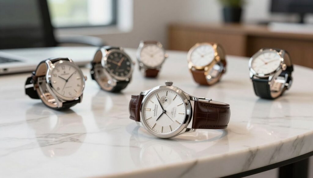 A sophisticated wristwatch on a marble table, showcasing its elegant design that embodies both luxury and functionality. The foreground features a close-up of the watch's polished stainless steel case and leather strap, reflecting soft natural light. In the middle, an assortment of various watches is displayed, highlighting different styles suitable for diverse users and occasions, such as casual, formal, and sporty. The background includes a blurred view of a modern office setting, with a hint of greenery through a window, creating a professional ambiance. The overall mood is one of refinement and choice, with warm lighting enhancing the rich textures of the watches. Capture this scene from a slightly elevated angle to emphasize the watch details and context.