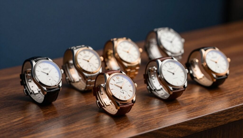 An array of high-end watches displayed elegantly on a rich wooden surface. In the foreground, feature a luxurious Swiss watch with intricate detailing, reflecting soft natural light which highlights its craftsmanship. In the middle ground, include a few different watches showcasing various styles, from sporty to classic, each with unique designs – some with leather straps and others with stainless steel. The background should be a subtle blurred gradient of deep blue, creating an atmosphere of sophistication. The overall mood should convey a sense of exclusivity and luxury, with soft shadows to enhance the elegance of the timepieces. Capture this scene with a warm, inviting light that suggests opulence while emphasizing the quality and beauty of each watch, without any watermark or text overlays.